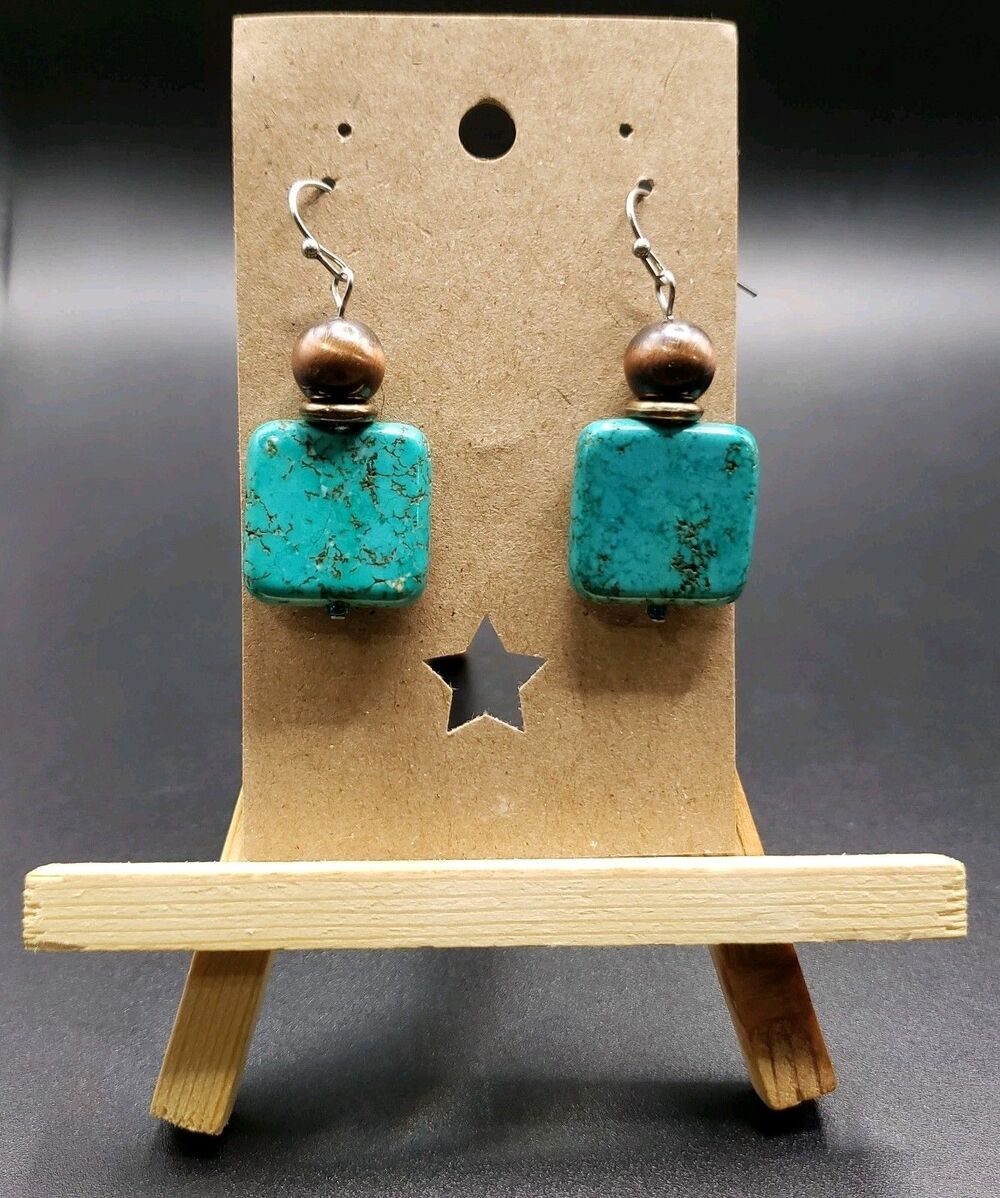 Dangle/Drop/Costume Square Turquoise & Glass Round Handcrafted Beaded Earrings!!